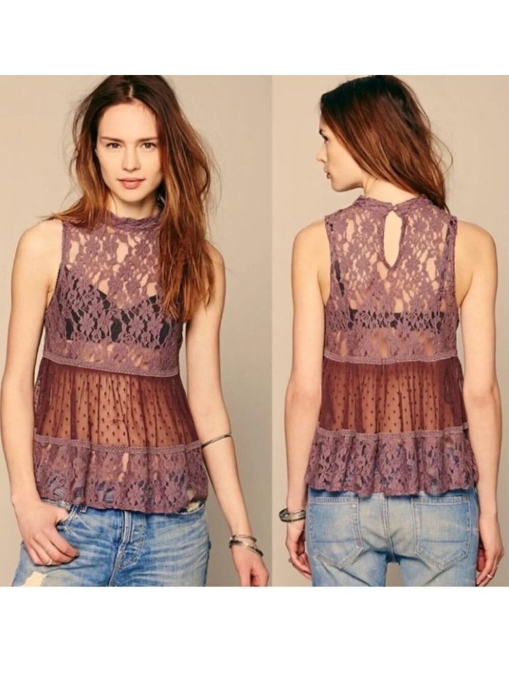 Free People - Lady Bird High Neck Swing Top, Tiered Sheer Lace Detail - Purple